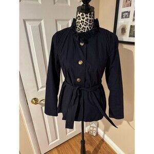 J.Crew Navy Cotton Twill Nautical Pea Coat Jacket Ruffle Collar Sz 2 Belted